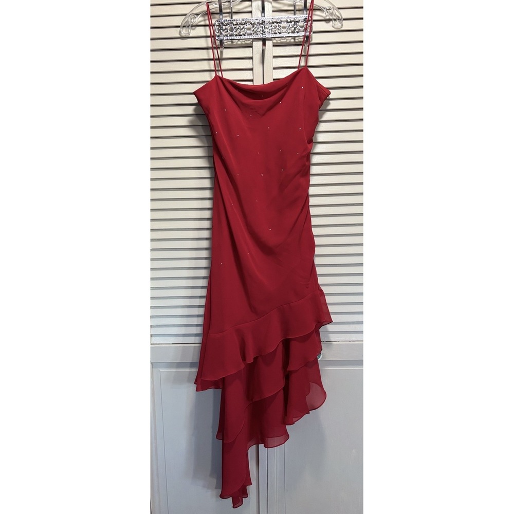 Let's Fashion Red Chiffon Asymmetrical Rhinestones Long Formal Gown Size S Lined